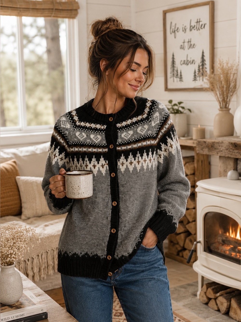 THE ALPACA CONNECTION Fair Isle Cardigan Fine Alpaca Cozy Cabin Boho Sweater